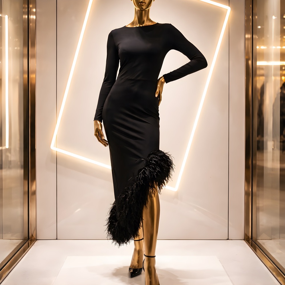 Elegant Black Feather-Hem Midi Dress